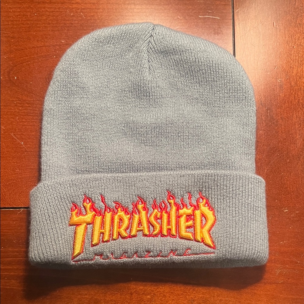 Thrasher Light Gray Beanie with Red and Yellow Flame Logo